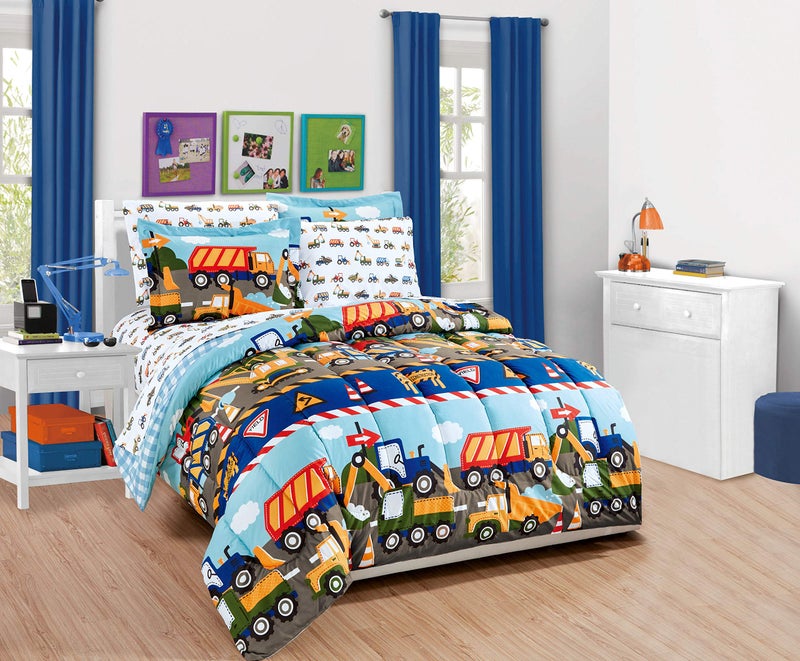 MK Home 5pc Twin Comforter and Sheet Set Teens/Boys Construction Trucks Tractors Blue Red Yellow New - Image 1